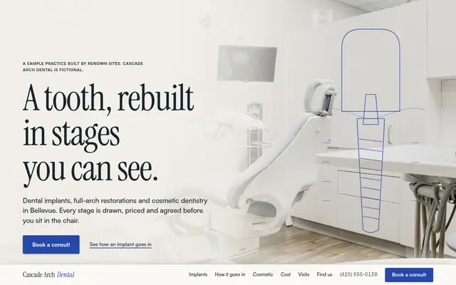 Sample build for an invented implant dentistry business, first screen