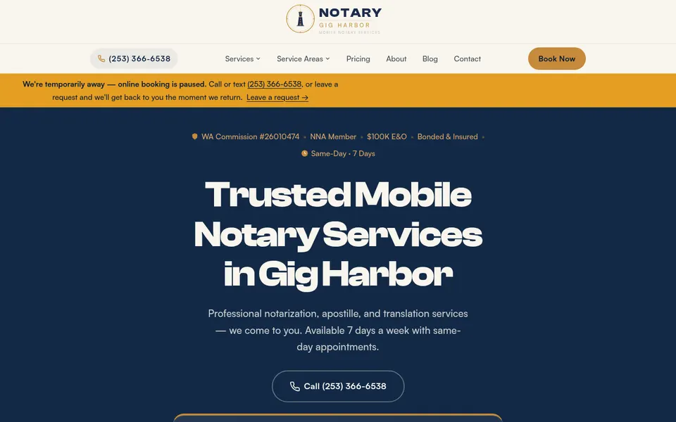 Notary Gig Harbor homepage on a desktop browser