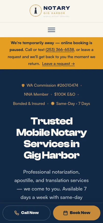 Notary Gig Harbor homepage on a phone
